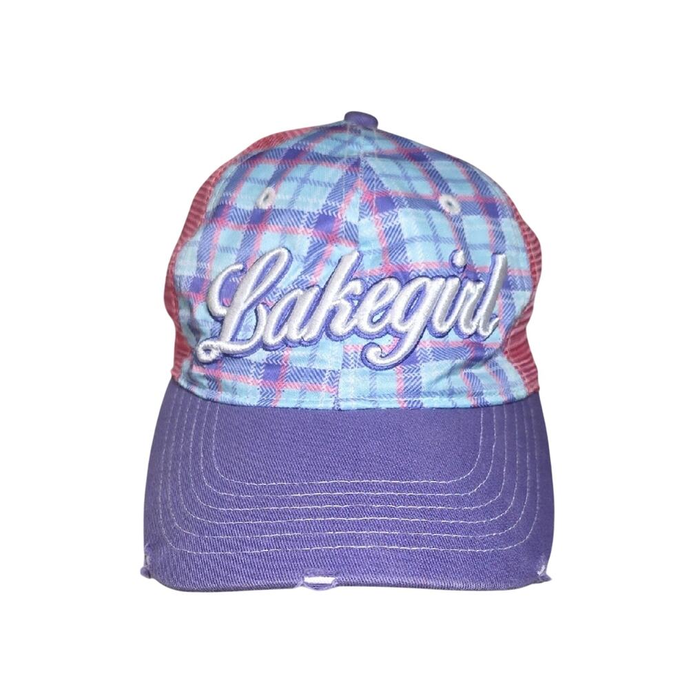 Lakegirl Pink and Purple Plaid Mesh Trucker Baseball Cap Distressed